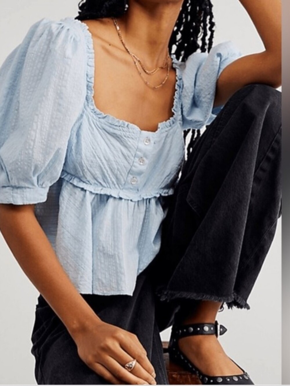 Free People Light Blue Top Smocked Square Neck Pouffy Sleeves XS 100% COTTON